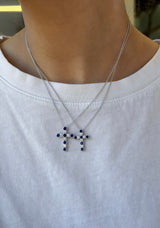 Diamond + Sapphire Milgrain Cross Necklace