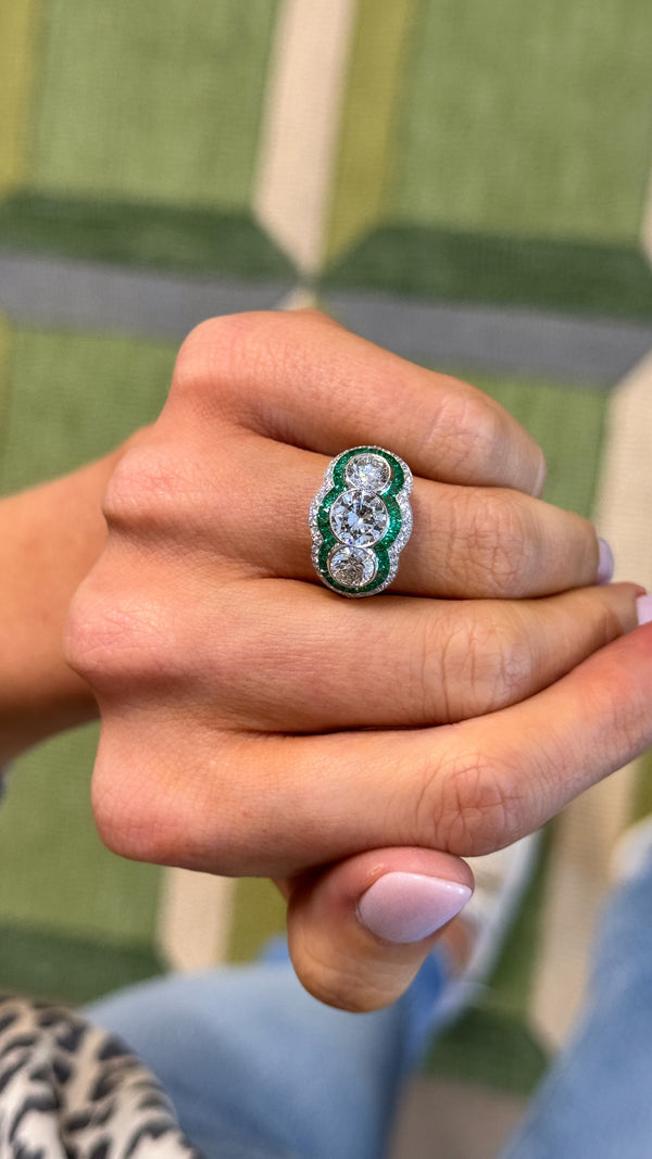 Emerald + Diamond 3-Stone Ring