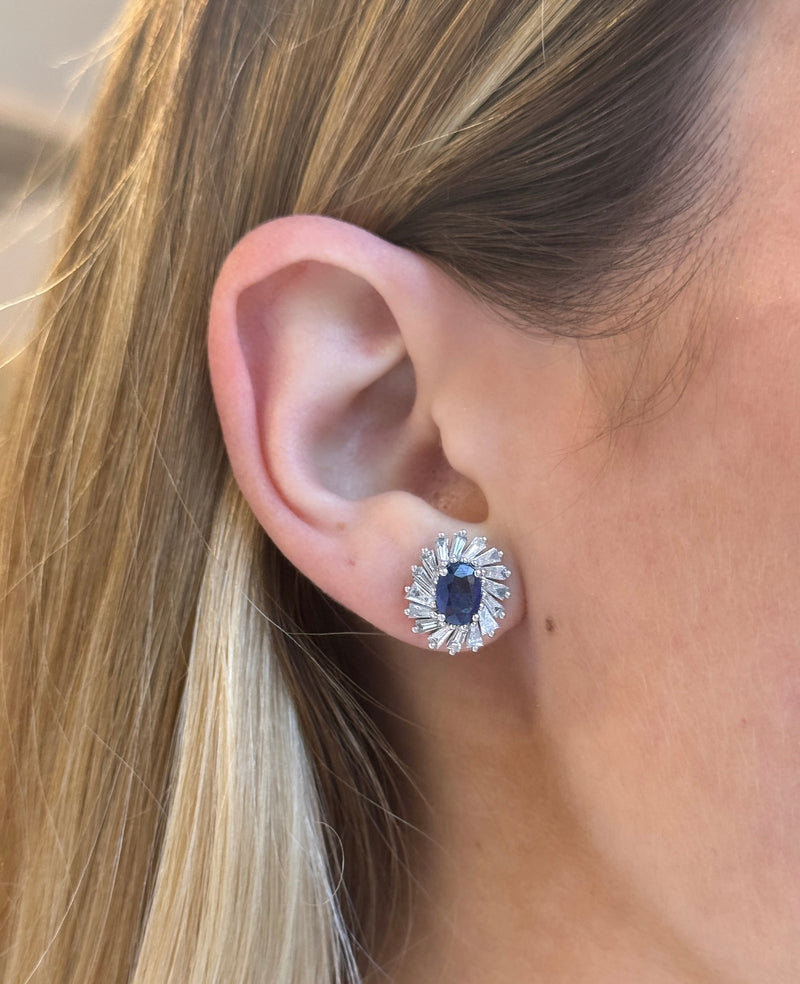 Sapphire and Baguette Halo Studs - VAULT SALE