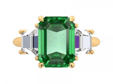 Anillo de tres piedras con esmeralda verde de 5,31 ct y piedras trapezoidales laterales