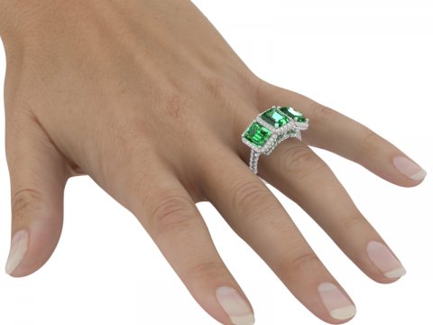 8.5ct Emerald Cut Green Emerald Three Stone Ring